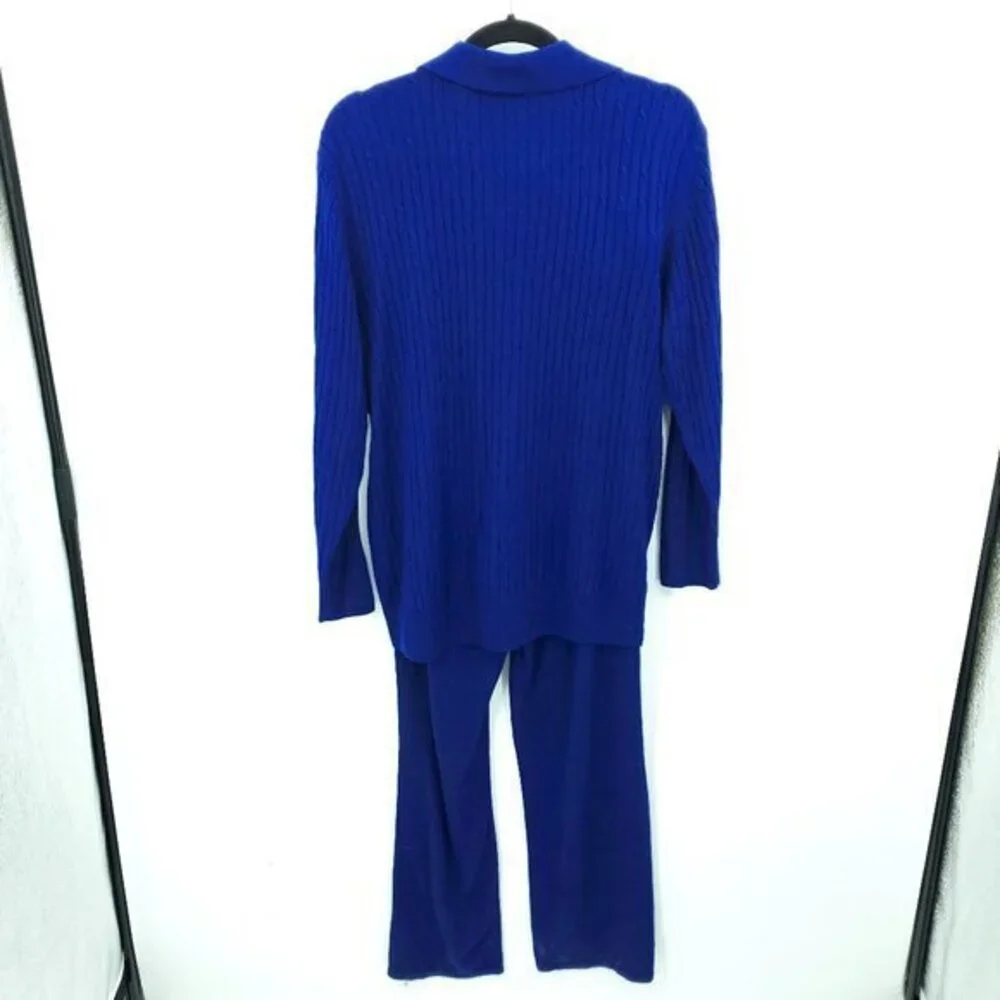 VTG 90s Matching Knit Polo Sweater/Pull On Full Length Straight Pants Set M Blue